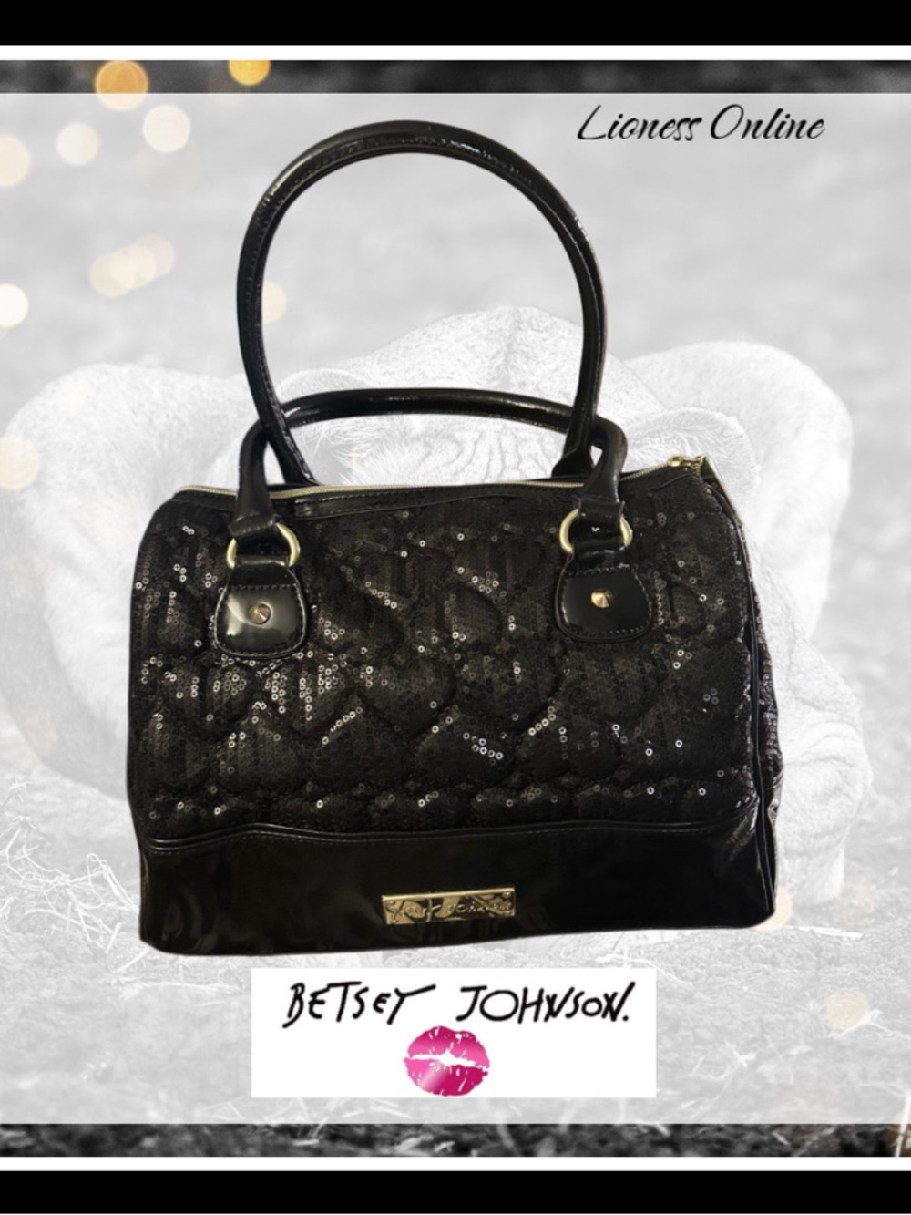 *NWOT* Betsey Johnson Black Sequin Heart-Quilted Satchel Handbag